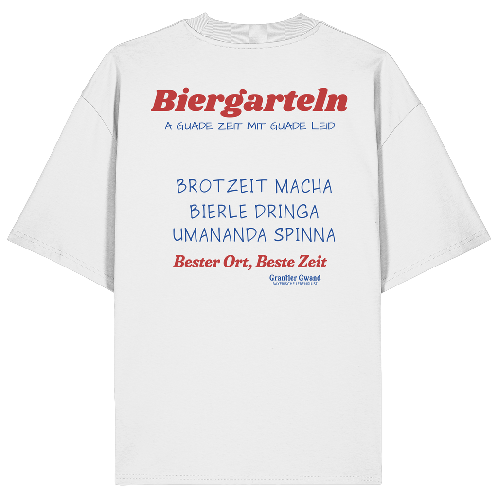 Weißes Oversize T-Shirt mit großem Biergarteln Backprint in Rot und bayerischem Statement „A guade Zeit mit guade Leid“. Schweres Premium-Shirt für Biergarten, Volksfest, Stammtisch und moderne bayerische Streetwear. Designed und bedruckt in Bayern von Grantler Gwand.