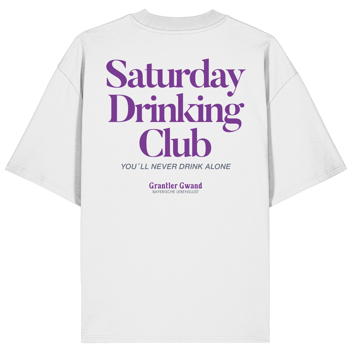 Weißes oversize Shirt mit großem Rückenprint „Saturday Drinking Club“ in Blau und rotem Schriftzug „You&