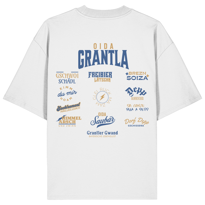 Weißes oversize Shirt mit großem Backprint „Oida Grantla“ und verschiedenen bayerischen Dialektbegriffen wie Gschwoi Schädl, Freibier Låtschn, Brezn Soiza, Oida Saubär und Dorf Depp von Grantler Gwand.