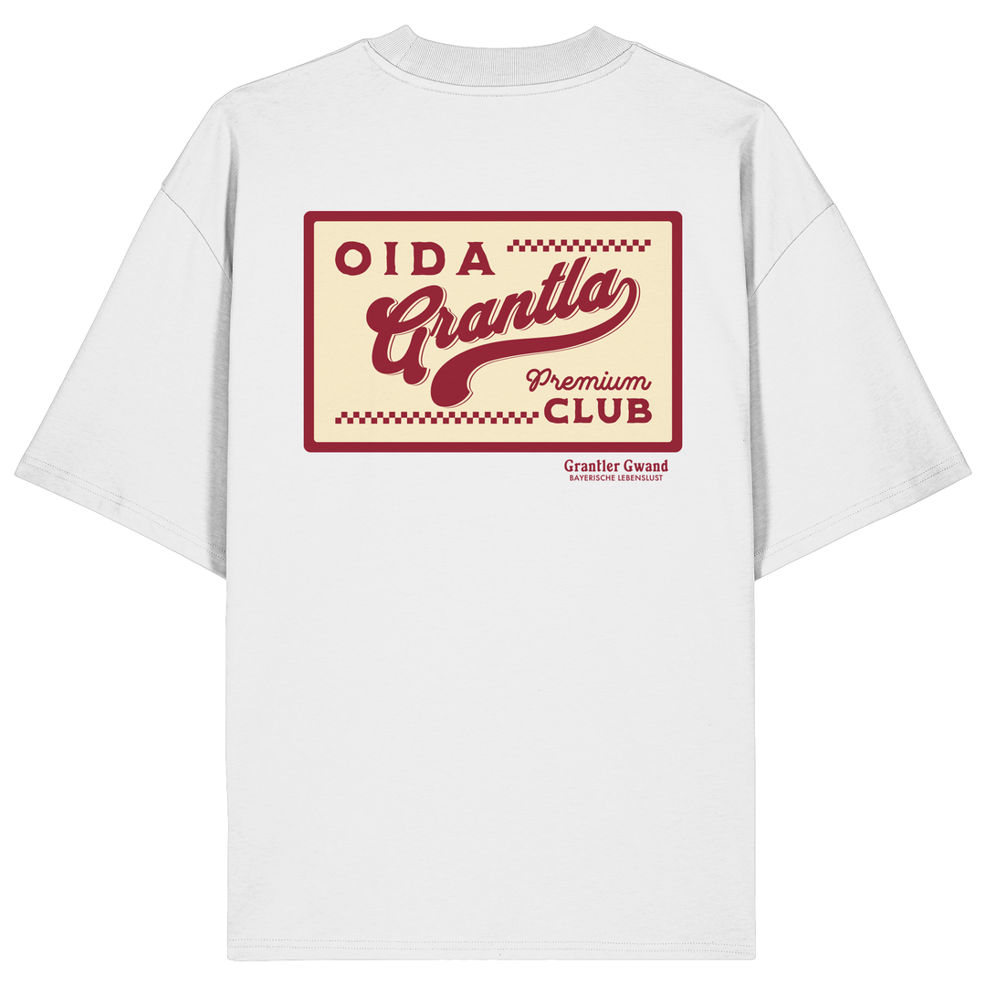 Weißes oversize Shirt mit großem Retro-Backprint "Oida Grantla Premium Club" im Vintage-Stil. Bayerischer Streetwear Hoodie von Grantler Gwand.