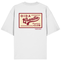 Weißes oversize Shirt mit großem Retro-Backprint "Oida Grantla Premium Club" im Vintage-Stil. Bayerischer Streetwear Hoodie von Grantler Gwand.