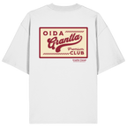Weißes oversize Shirt mit großem Retro-Backprint "Oida Grantla Premium Club" im Vintage-Stil. Bayerischer Streetwear Hoodie von Grantler Gwand.