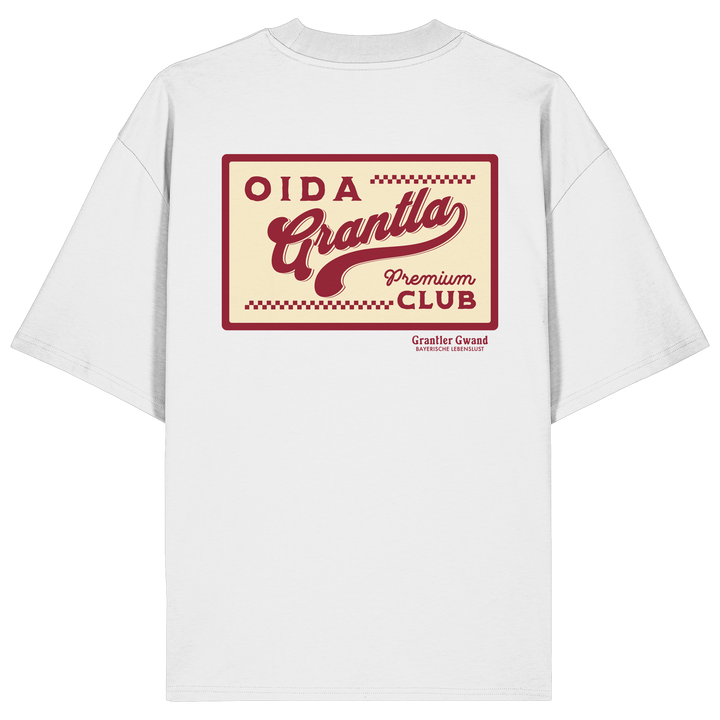 Weißes oversize Shirt mit großem Retro-Backprint "Oida Grantla Premium Club" im Vintage-Stil. Bayerischer Streetwear Hoodie von Grantler Gwand.
