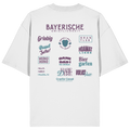 Weißes Oversize-Shirt mit großem lila Backprint „Bayerische Gmiatlichkeit“ und typischen bayerischen Begriffen wie Hoamatliebe, Biergarten, Volksfest, Grantler, Hopfen & Malz und Griabig. Unisex Premium-Shirt aus Bio-Baumwolle im modernen Streetwear-Style. Designed und bedruckt in Bayern von Grantler Gwand.