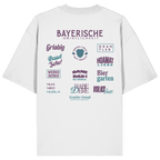 Weißes Oversize-Shirt mit großem lila Backprint „Bayerische Gmiatlichkeit“ und typischen bayerischen Begriffen wie Hoamatliebe, Biergarten, Volksfest, Grantler, Hopfen & Malz und Griabig. Unisex Premium-Shirt aus Bio-Baumwolle im modernen Streetwear-Style. Designed und bedruckt in Bayern von Grantler Gwand.