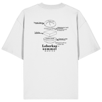 Weißes Oversize T-Shirt mit Backprint „Die wichtigste Bauanleitung Bayerns“ und Leberkassemmel-Illustration – bayerisches Streetwear Shirt von Grantler Gwand.
