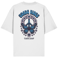 Weißes Oversize Shirt mit großem Backprint aus Peace-Zeichen, Schmetterling und Blumen sowie „Guade Vibes“ Schriftzug – hochwertiges Bio-Baumwoll Streetwear T-Shirt im bayerischen Style von Grantler Gwand.