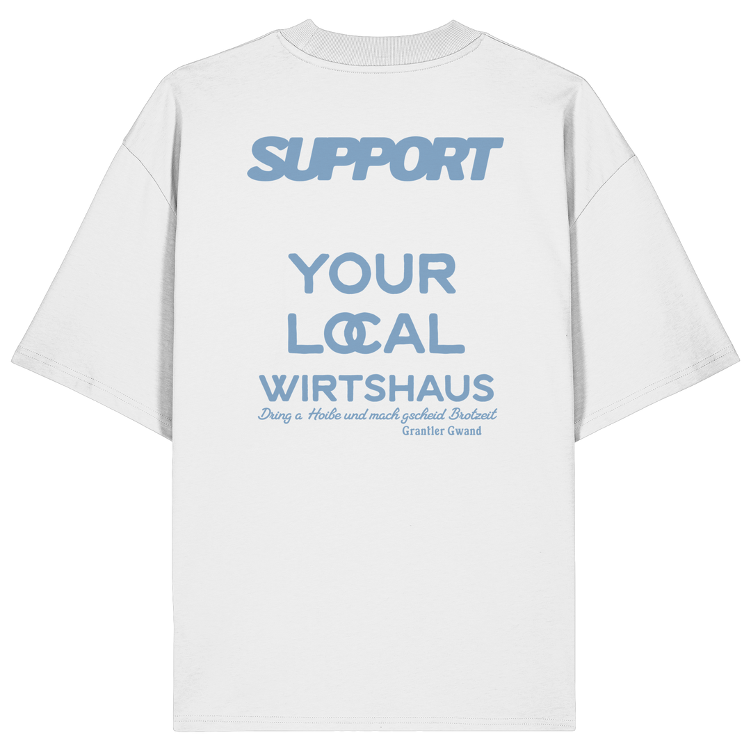 „Weißes Oversize T-Shirt mit großflächigem, blauem Backprint &