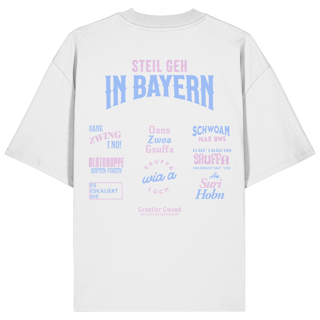 Weißes Oversize T-Shirt mit großem Backprint aus mehreren bayerischen Dialektsprüchen im modernen Typografie-Design von Grantler Gwand.