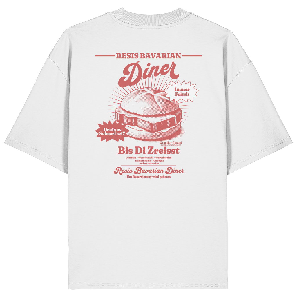 Weißes Oversize Bio-Shirt mit rotem Backprint „Resis Bavarian Diner“ – bayerisches Streetwear T-Shirt mit Leberkässemmel im Vintage-Diner-Design von Grantler Gwand