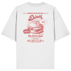 Weißes Oversize Bio-Shirt mit rotem Backprint „Resis Bavarian Diner“ – bayerisches Streetwear T-Shirt mit Leberkässemmel im Vintage-Diner-Design von Grantler Gwand