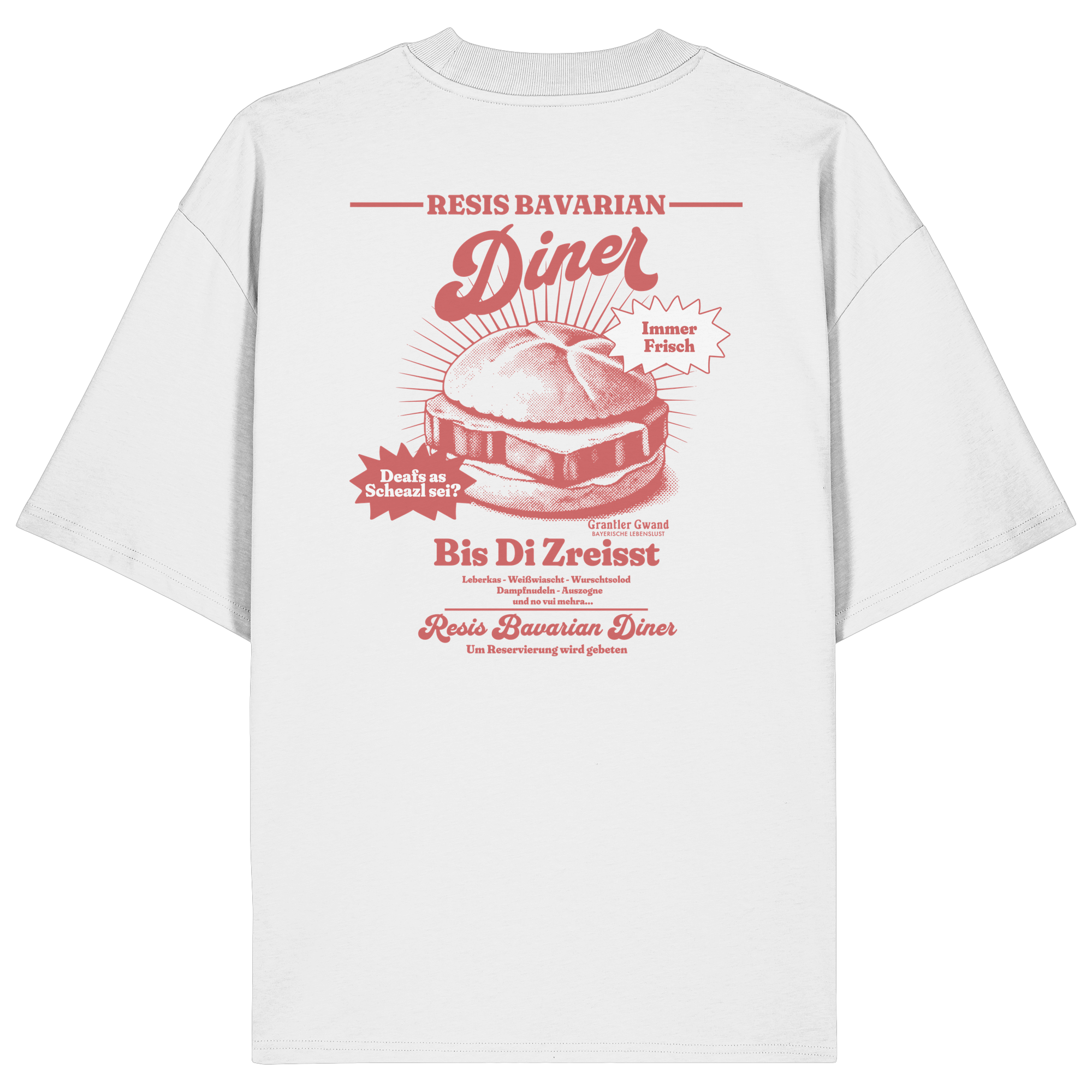 Weißes Oversize Bio-Shirt mit rotem Backprint „Resis Bavarian Diner“ – bayerisches Streetwear T-Shirt mit Leberkässemmel im Vintage-Diner-Design von Grantler Gwand