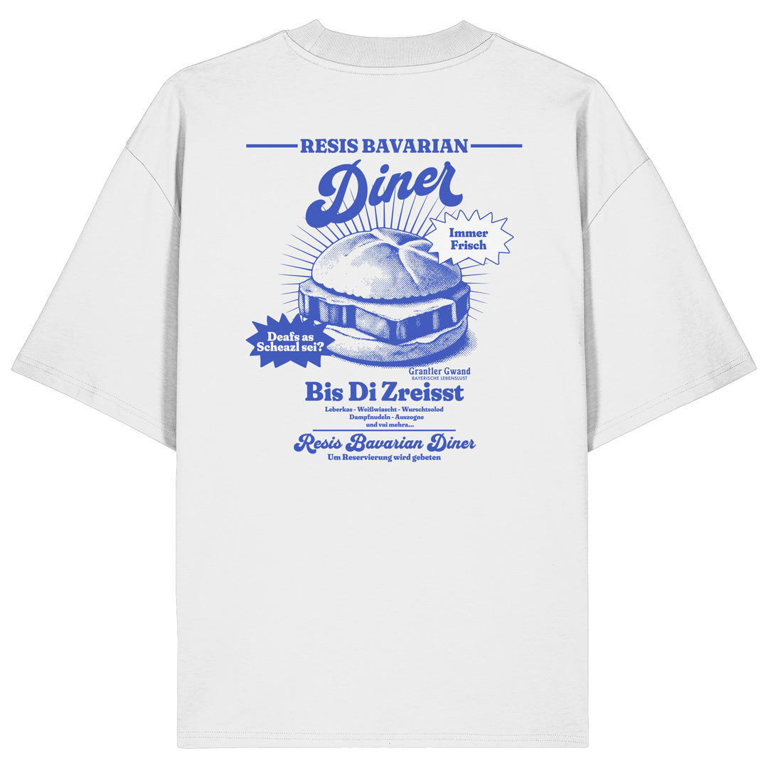 Weißes Oversize Shirt mit Backprint „Resis Bavarian Diner“ – bayerisches Streetwear Shirt mit Leberkässemmel im Retro-Diner-Design und Vintage-Print von Grantler Gwand.