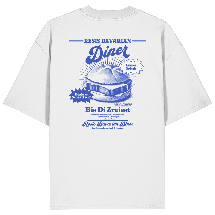 Weißes Oversize Shirt mit Backprint „Resis Bavarian Diner“ – bayerisches Streetwear Shirt mit Leberkässemmel im Retro-Diner-Design und Vintage-Print von Grantler Gwand.
