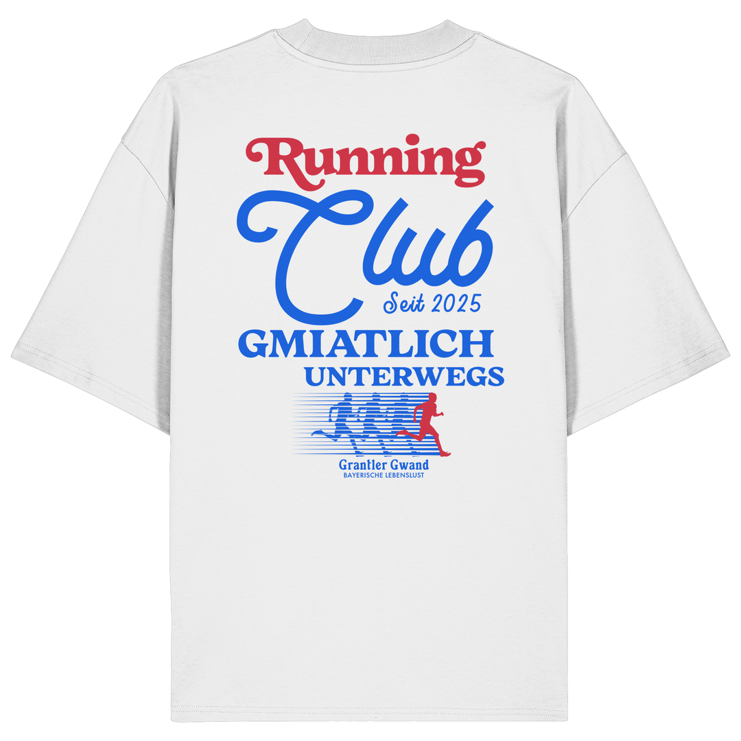 Weißes Oversize Shirt mit großem Running Club Backprint im Retro-Design in Blau und Rot sowie „Gmiatlich unterwegs“ Schriftzug – hochwertiges Bio-Baumwoll Streetwear T-Shirt für Laufen und Freizeit von Grantler Gwand.