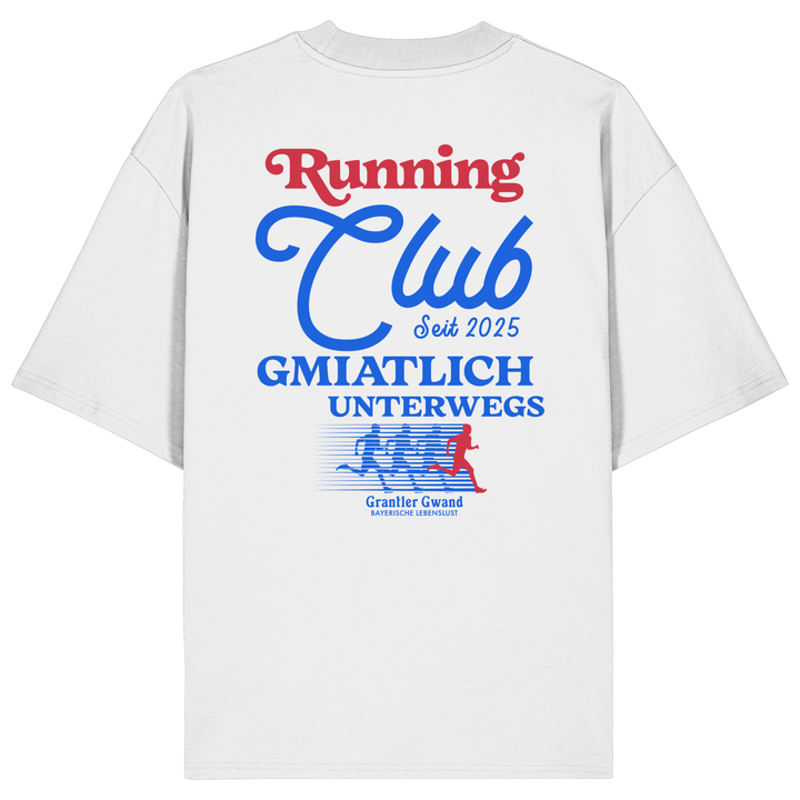 Weißes Oversize Shirt mit großem Running Club Backprint im Retro-Design in Blau und Rot sowie „Gmiatlich unterwegs“ Schriftzug – hochwertiges Bio-Baumwoll Streetwear T-Shirt für Laufen und Freizeit von Grantler Gwand.