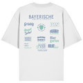 Weißes Bayerische Gmiatlichkeit Oversize Shirt mit großem grünem Backprint und bayerischen Begriffen wie Hoamatliebe, Biergarten, Volksfest, Grantler, Hopfen & Malz und Griabig. Unisex Heavy Oversized T-Shirt aus Bio-Baumwolle im modernen Streetwear-Look. Designed und bedruckt in Bayern von Grantler Gwand.
