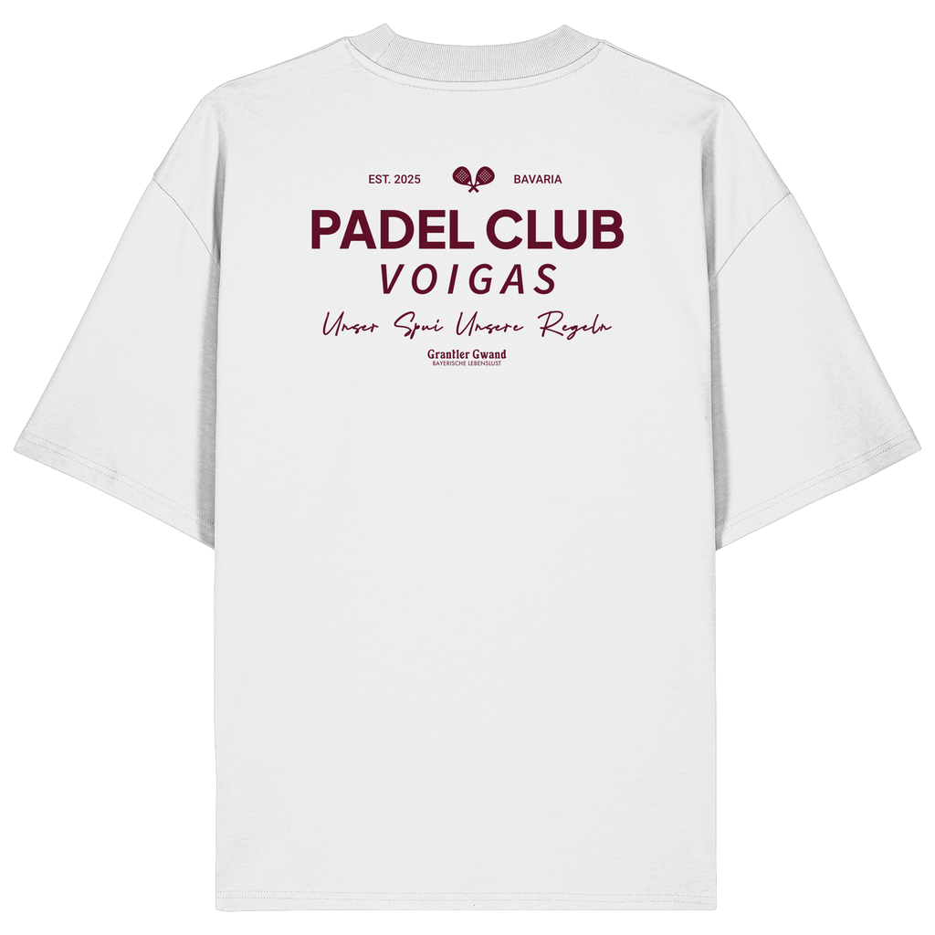 Weißes Oversize Shirt mit rotem „Padel Club“-Backprint – hochwertiges Streetwear Shirt in Bio Qualität von Grantler Gwand für Padel-Fans.