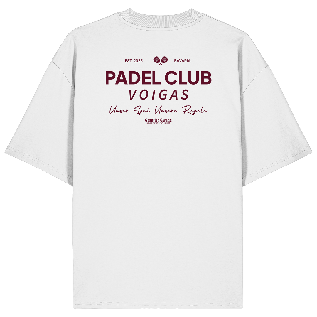 Weißes Oversize Shirt mit rotem „Padel Club“-Backprint – hochwertiges Streetwear Shirt in Bio Qualität von Grantler Gwand für Padel-Fans.