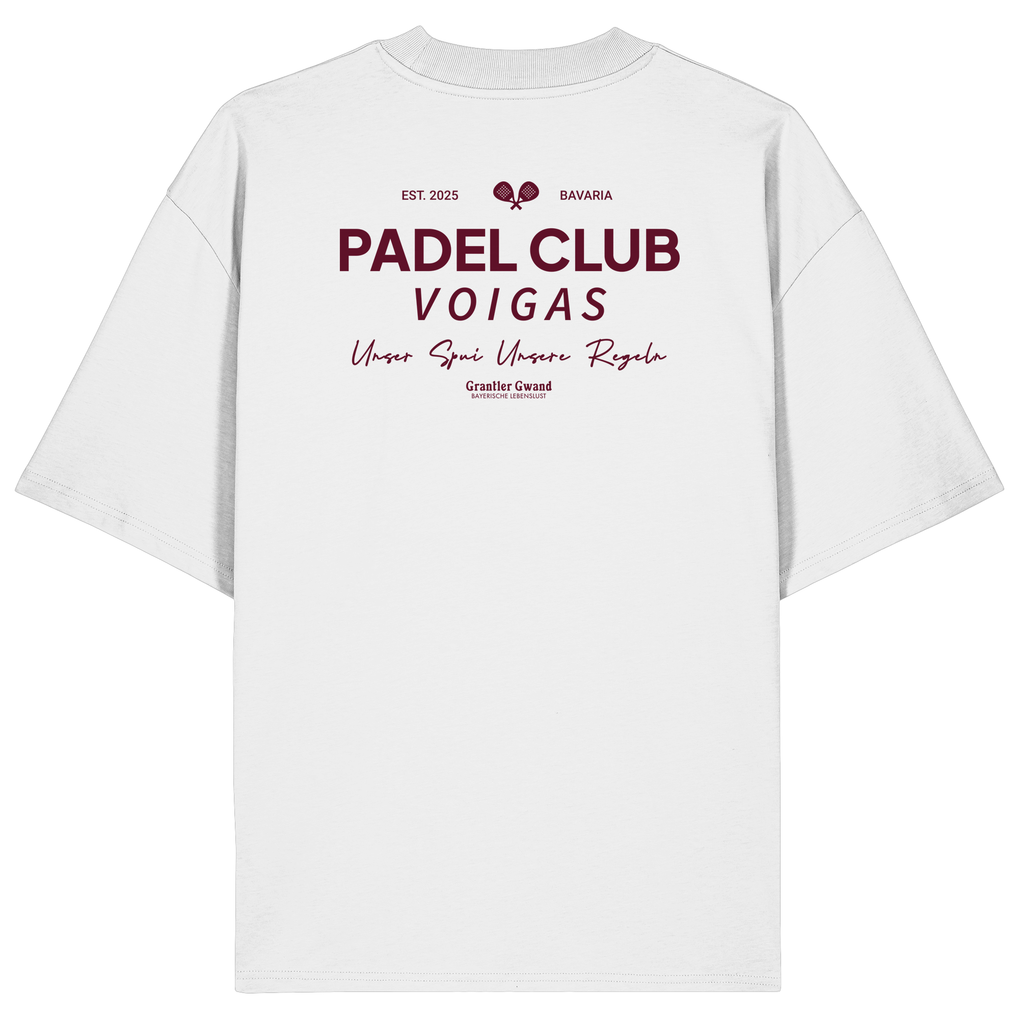 Weißes Oversize Shirt mit rotem „Padel Club“-Backprint – hochwertiges Streetwear Shirt in Bio Qualität von Grantler Gwand für Padel-Fans.