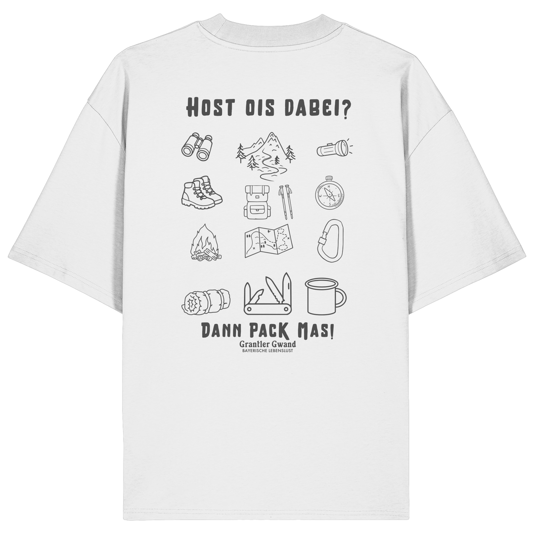 Weißes Oversize Shirt mit Backprint „Host ois dabei“ – bayerisches Outdoor-Shirt mit Wander-, Camping- und Bergsport-Motiv von Grantler Gwand.
