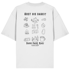 Weißes Oversize Shirt mit Backprint „Host ois dabei“ – bayerisches Outdoor-Shirt mit Wander-, Camping- und Bergsport-Motiv von Grantler Gwand.