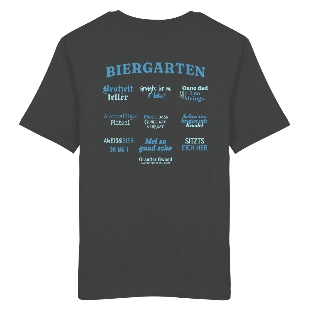Anthracites Unisex T-Shirt mit blau-grünem „Biergarten“-Rückendruck im Retro-Design – hochwertiger  Hoodie von Grantler Gwand.