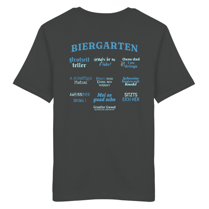 Anthracites Unisex T-Shirt mit blau-grünem „Biergarten“-Rückendruck im Retro-Design – hochwertiger  Hoodie von Grantler Gwand.