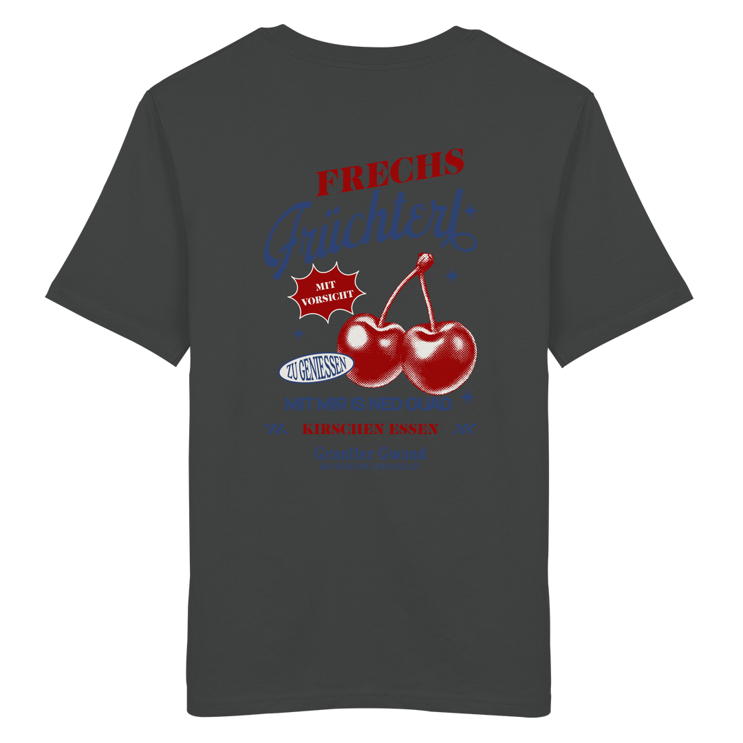 Anthracites Unisex-T-Shirt mit „Frechs Früchterl“-Backprint und Kirschen-Motiv – bayerische Streetwear im Vintage-Retro-Look von Grantler Gwand.