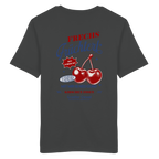 Anthracites Unisex-T-Shirt mit „Frechs Früchterl“-Backprint und Kirschen-Motiv – bayerische Streetwear im Vintage-Retro-Look von Grantler Gwand.