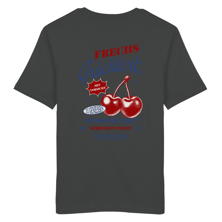 Anthracites Unisex-T-Shirt mit „Frechs Früchterl“-Backprint und Kirschen-Motiv – bayerische Streetwear im Vintage-Retro-Look von Grantler Gwand.