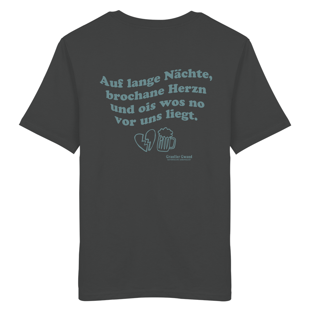 Anthracites Unisex T-Shirt mit grünem Rückendruck „auf lange Nächte“ im Vintage-Look von Grantler Gwand aus hochwertiger Bio-Baumwolle.