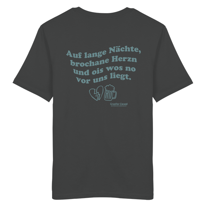 Anthracites Unisex T-Shirt mit grünem Rückendruck „auf lange Nächte“ im Vintage-Look von Grantler Gwand aus hochwertiger Bio-Baumwolle.