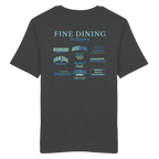 Anthracites Unisex T-Shirt mit grünem „Fine Dining in Bayern“-Backprint – bayerische Streetwear mit typografischem Motiv rund um Leberkas, Brezen, Dampfnudeln und weitere Klassiker der bayerischen Küche.