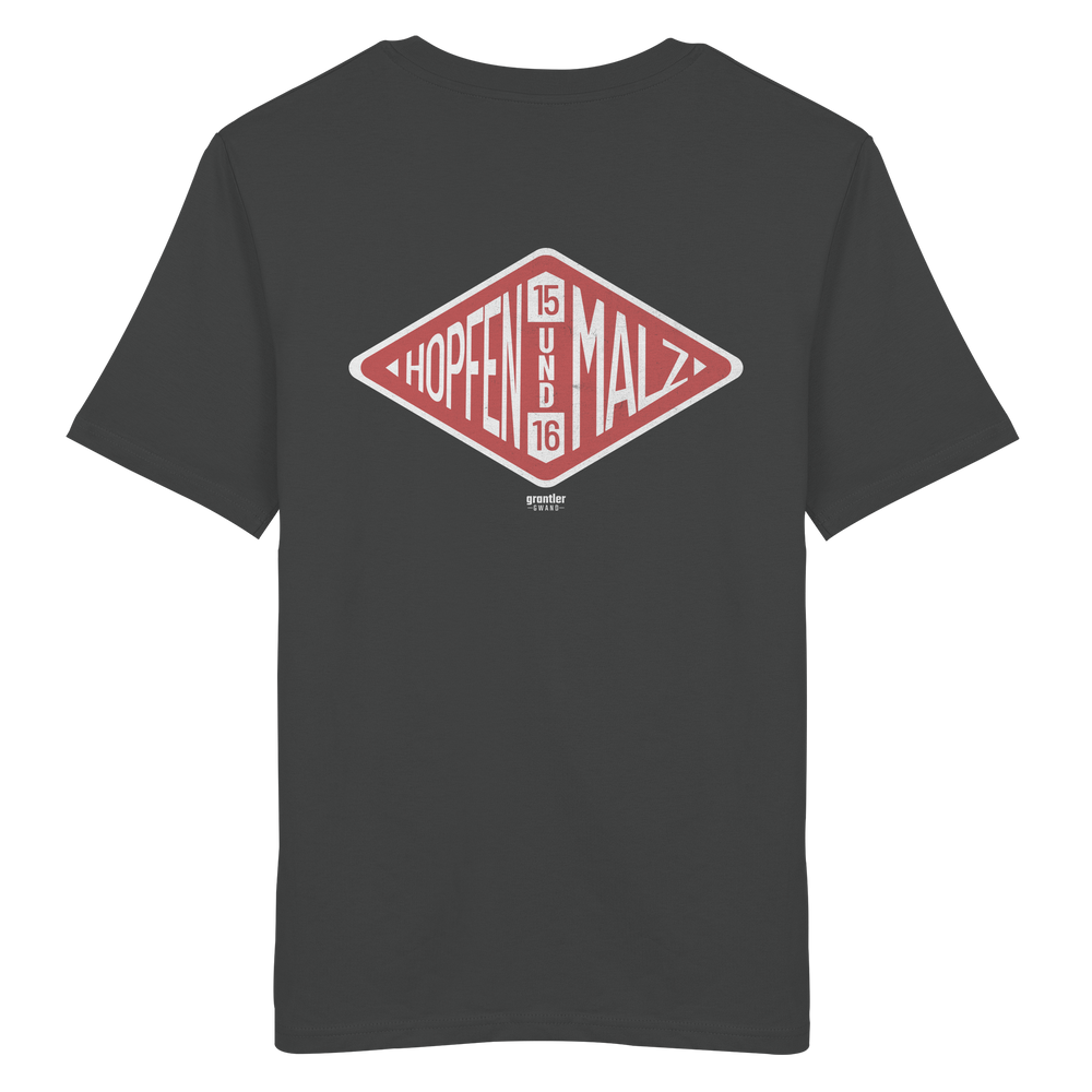 Dunkelgraues T-Shirt mit großem roten Rauten-Backprint und dem Schriftzug „Hopfen und Malz 1516“ im Vintage-Design.