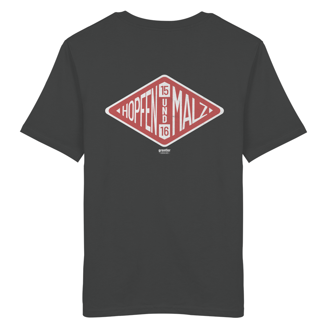 Dunkelgraues T-Shirt mit großem roten Rauten-Backprint und dem Schriftzug „Hopfen und Malz 1516“ im Vintage-Design.
