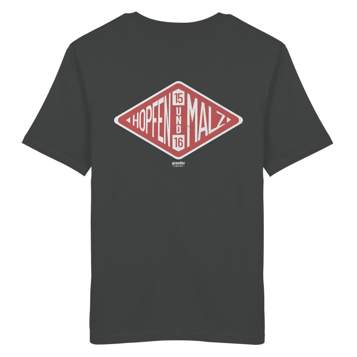 Dunkelgraues T-Shirt mit großem roten Rauten-Backprint und dem Schriftzug „Hopfen und Malz 1516“ im Vintage-Design.