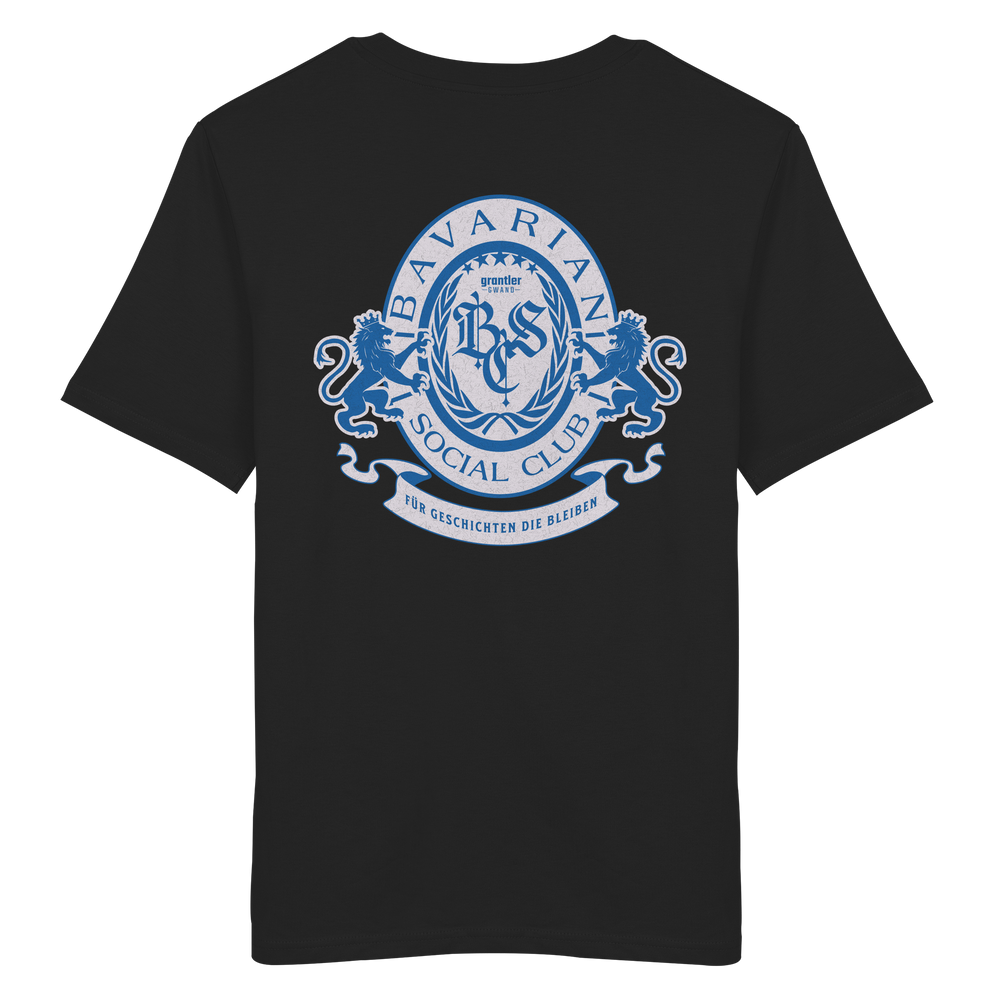 schwarzes T-Shirt mit großem blauen Bavarian Social Club Wappen auf dem Rücken, Lorbeerkranz, Löwen und hochwertigem bayerischen Streetwear-Design.