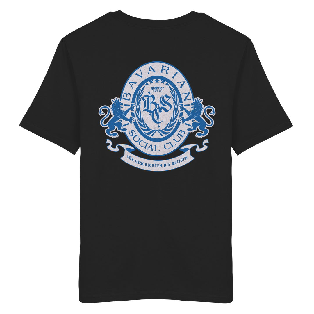 schwarzes T-Shirt mit großem blauen Bavarian Social Club Wappen auf dem Rücken, Lorbeerkranz, Löwen und hochwertigem bayerischen Streetwear-Design.