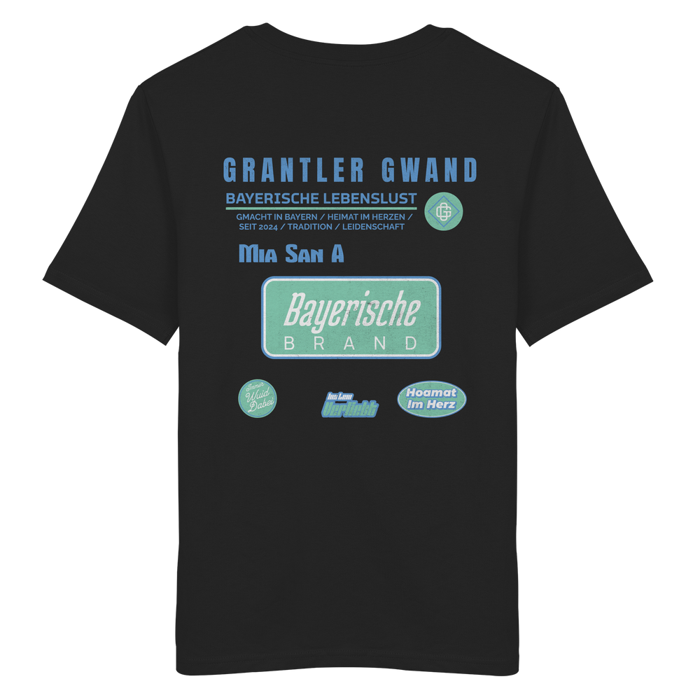 Schwarzes T-Shirt mit großem Grantler Gwand Backprint in Blau und Mintgrün sowie dem Schriftzug „Bayerische Brand“ im modernen Streetwear-Design.