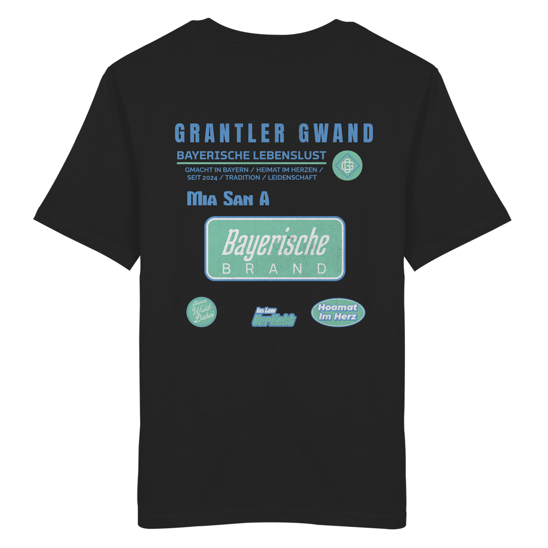 Schwarzes T-Shirt mit großem Grantler Gwand Backprint in Blau und Mintgrün sowie dem Schriftzug „Bayerische Brand“ im modernen Streetwear-Design.