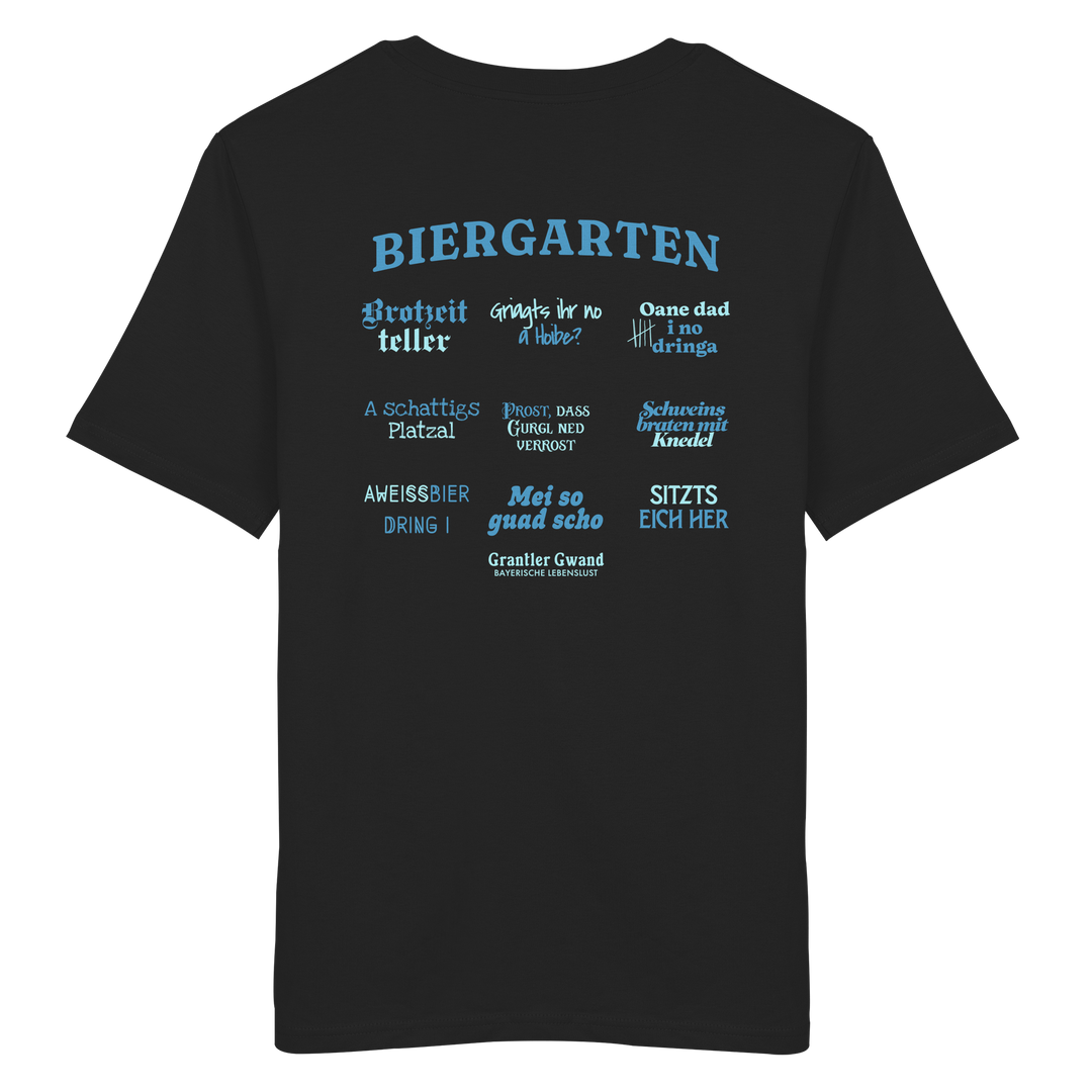 Schwarzes Unisex T-Shirt mit blau-grünem „Biergarten“-Rückendruck im Retro-Design – hochwertiger  Hoodie von Grantler Gwand.