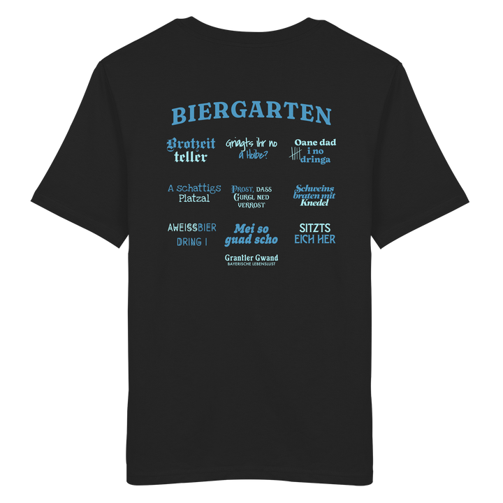 Schwarzes Unisex T-Shirt mit blau-grünem „Biergarten“-Rückendruck im Retro-Design – hochwertiger  Hoodie von Grantler Gwand.