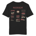 Schwarzes T-Shirt mit großem rotem Backprint „Bayerische Gmiatlichkeit“ und typischen bayerischen Begriffen wie Hoamatliebe, Biergarten, Volksfest, Grantler, Hopfen & Malz und Griabig. Unisex Premium-T-Shirt aus ringgesponnener Baumwolle im modernen Streetwear-Style. Designed und bedruckt in Bayern von Grantler Gwand.