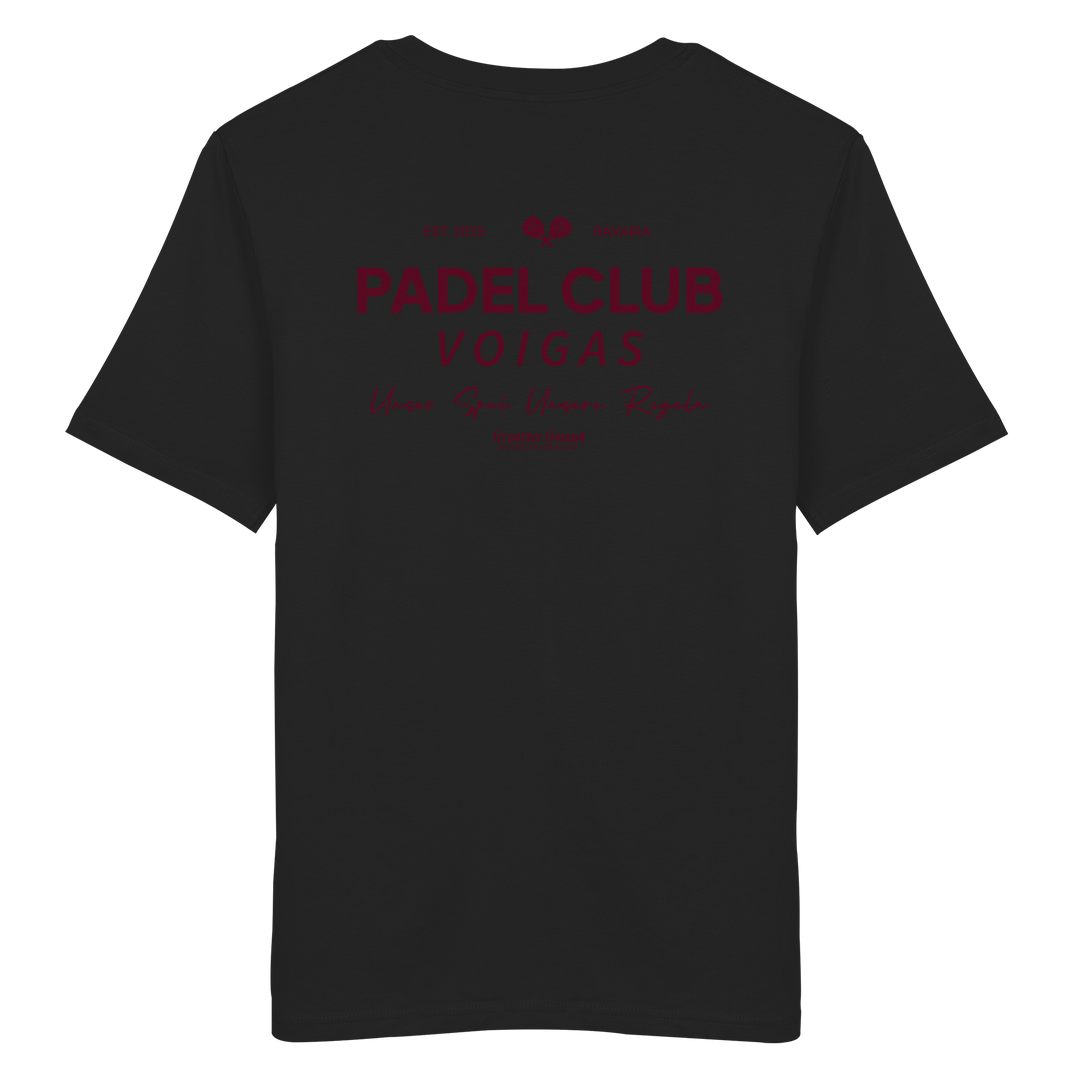 Schwarzes Unisex T-Shirt mit rotem „Padel Club“-Backprint – hochwertiges Streetwear Shirt von Grantler Gwand für Padel-Fans.
