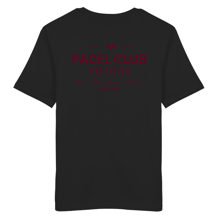 Schwarzes Unisex T-Shirt mit rotem „Padel Club“-Backprint – hochwertiges Streetwear Shirt von Grantler Gwand für Padel-Fans.