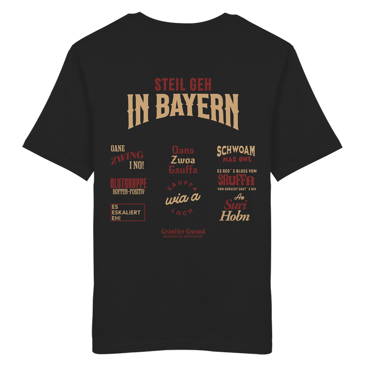 Schwarzes T-Shirt mit großem Backprint aus mehreren bayerischen Dialektsprüchen im modernen Typografie-Design von Grantler Gwand.