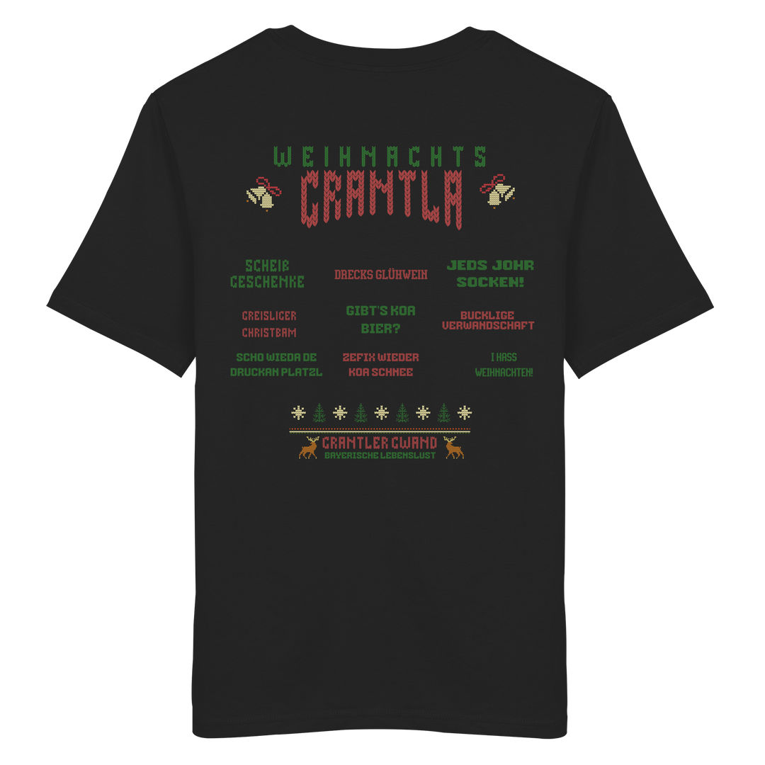 Schwarzes T-Shirt mit großem bayerischen Ugly-Christmas-Backprint im Strickmuster-Look und dem Schriftzug „Weihnachts Grantla“ sowie humorvollen Weihnachtssprüchen in Rot, Grün und Beige.
