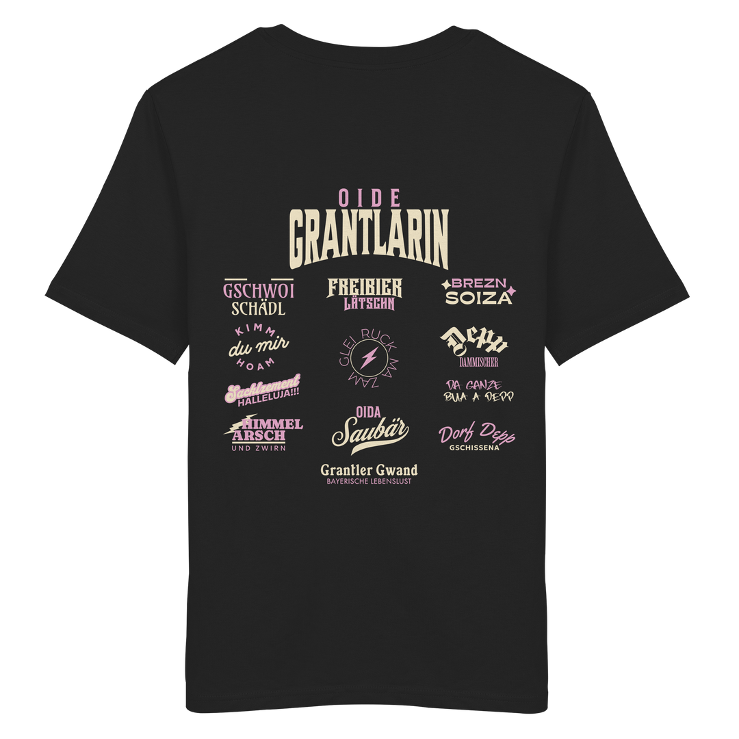 Schwarzes Oversize Shirt mit großem Backprint „Oide Grantlarin“ und verschiedenen bayerischen Dialektbegriffen wie Gschwoi Schädl, Freibier Låtschn, Brezn Soiza, Oida Saubär und Dorf Depp von Grantler Gwand.