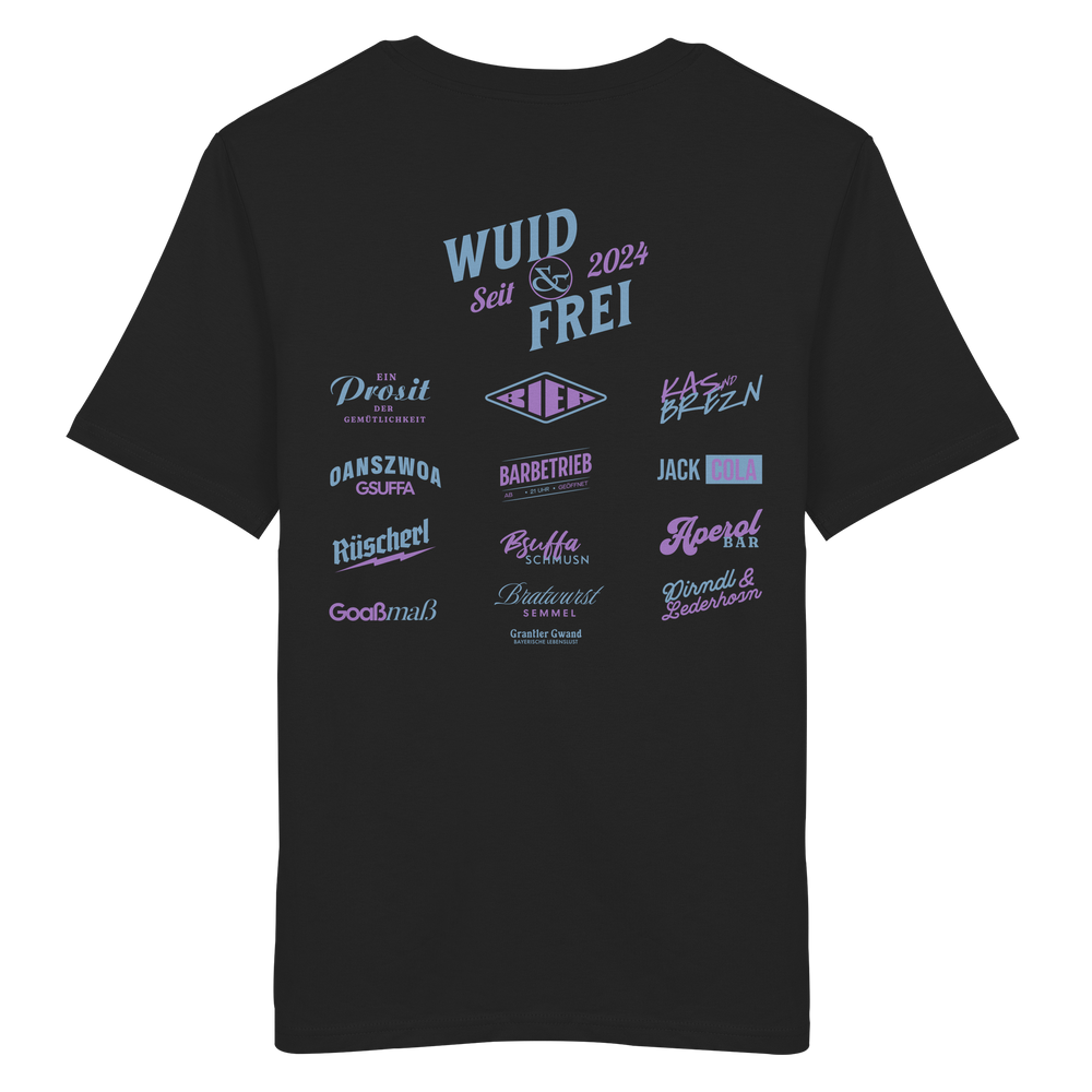Schwarzes Shirt mit großem Backprint „Wuid & Frei seit 2024“ sowie verschiedenen bayerischen Typografie-Designs und Dialektbegriffen.